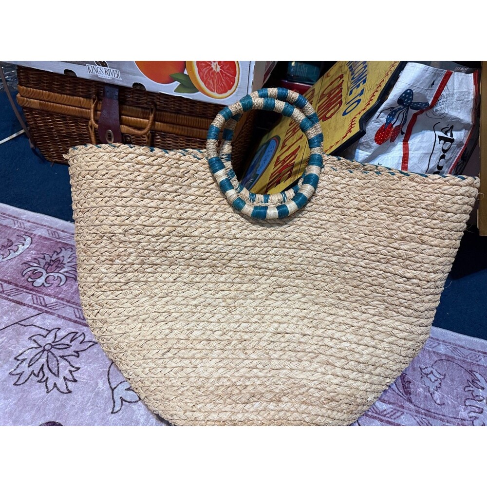 Hatattack Rattan Summer Beach Bag Tan Blue Large vacation resort tropical